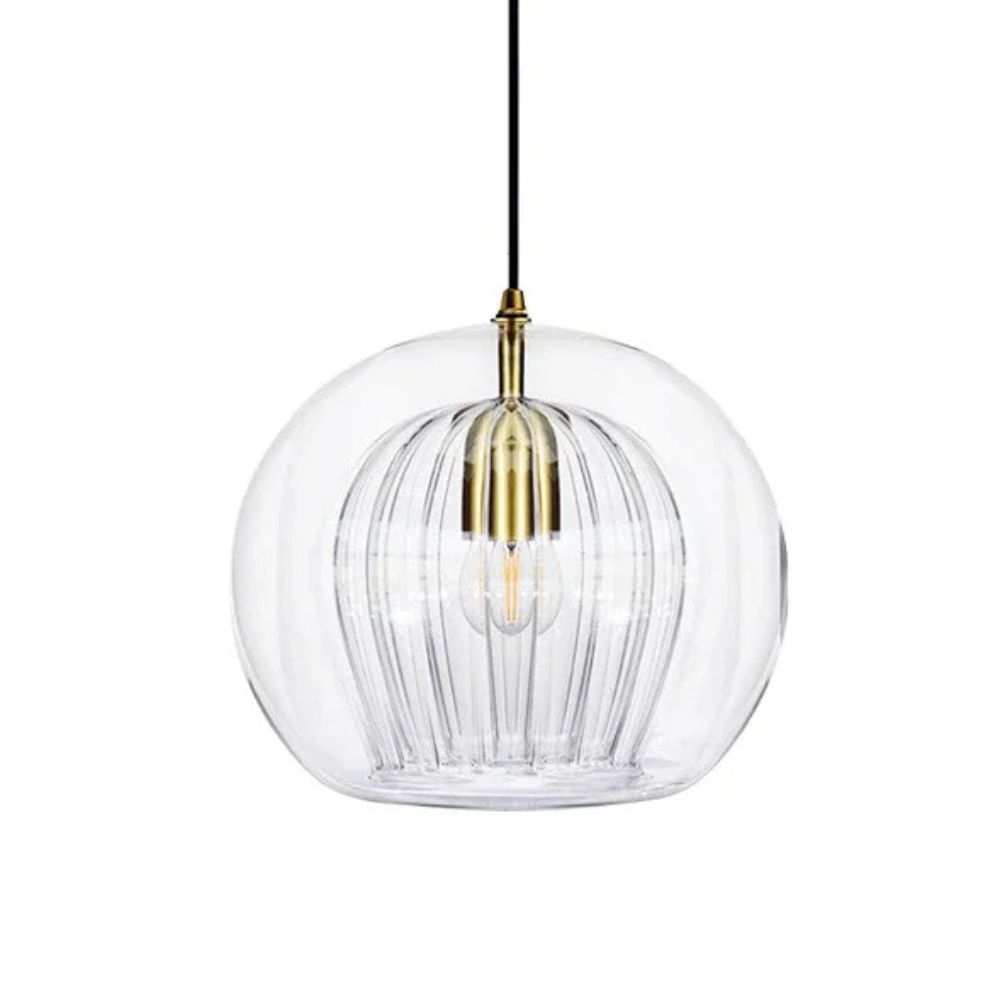 Round Glass Ceiling Pendant Light With Brass Tone Fitting for Ambient Lighting