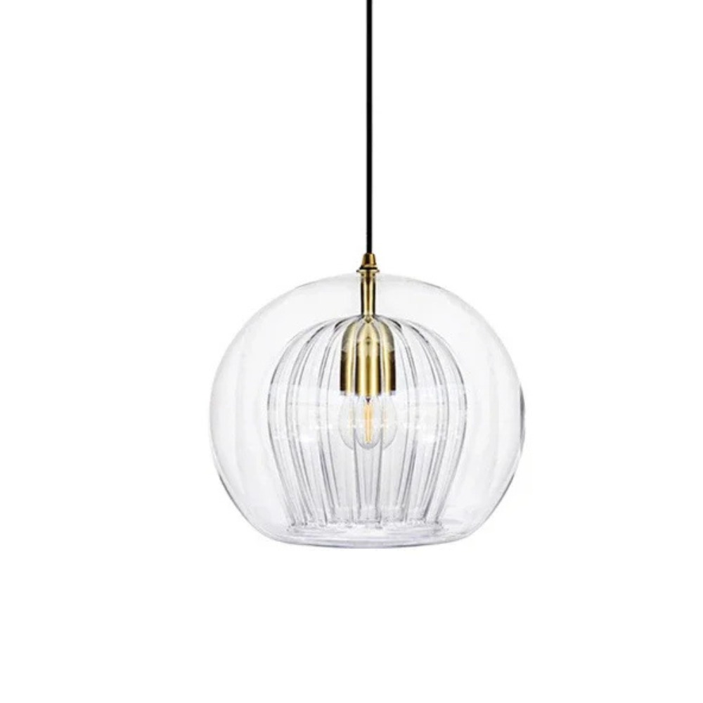 Round Glass Ceiling Pendant Light With Brass Tone Fitting for Ambient Lighting