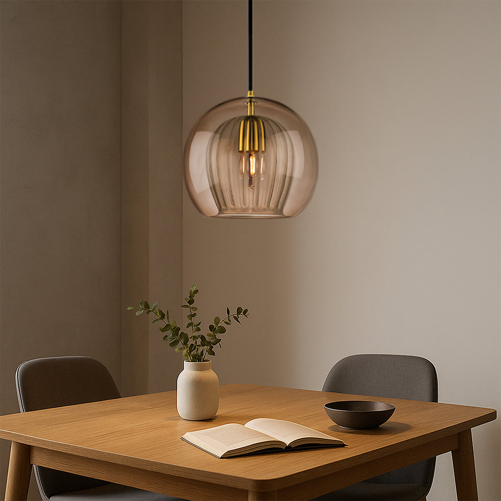 Round Glass Ceiling Pendant Light With Brass Tone Fitting for Ambient Lighting