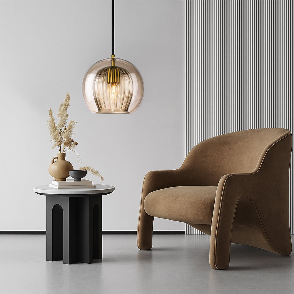 Round Glass Ceiling Pendant Light With Brass Tone Fitting for Ambient Lighting