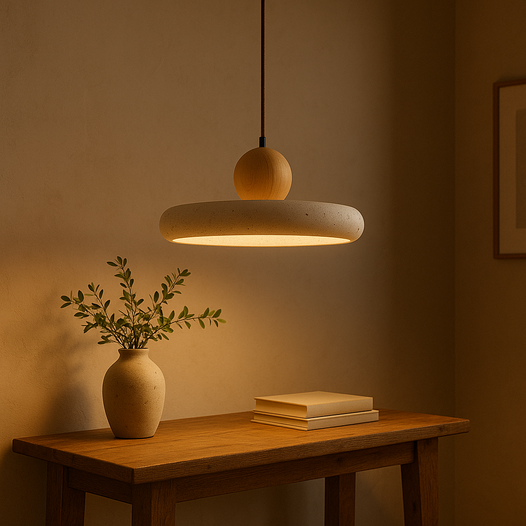Rustic Travertine Pendant Light with Wooden Accent for Ambient Lighting