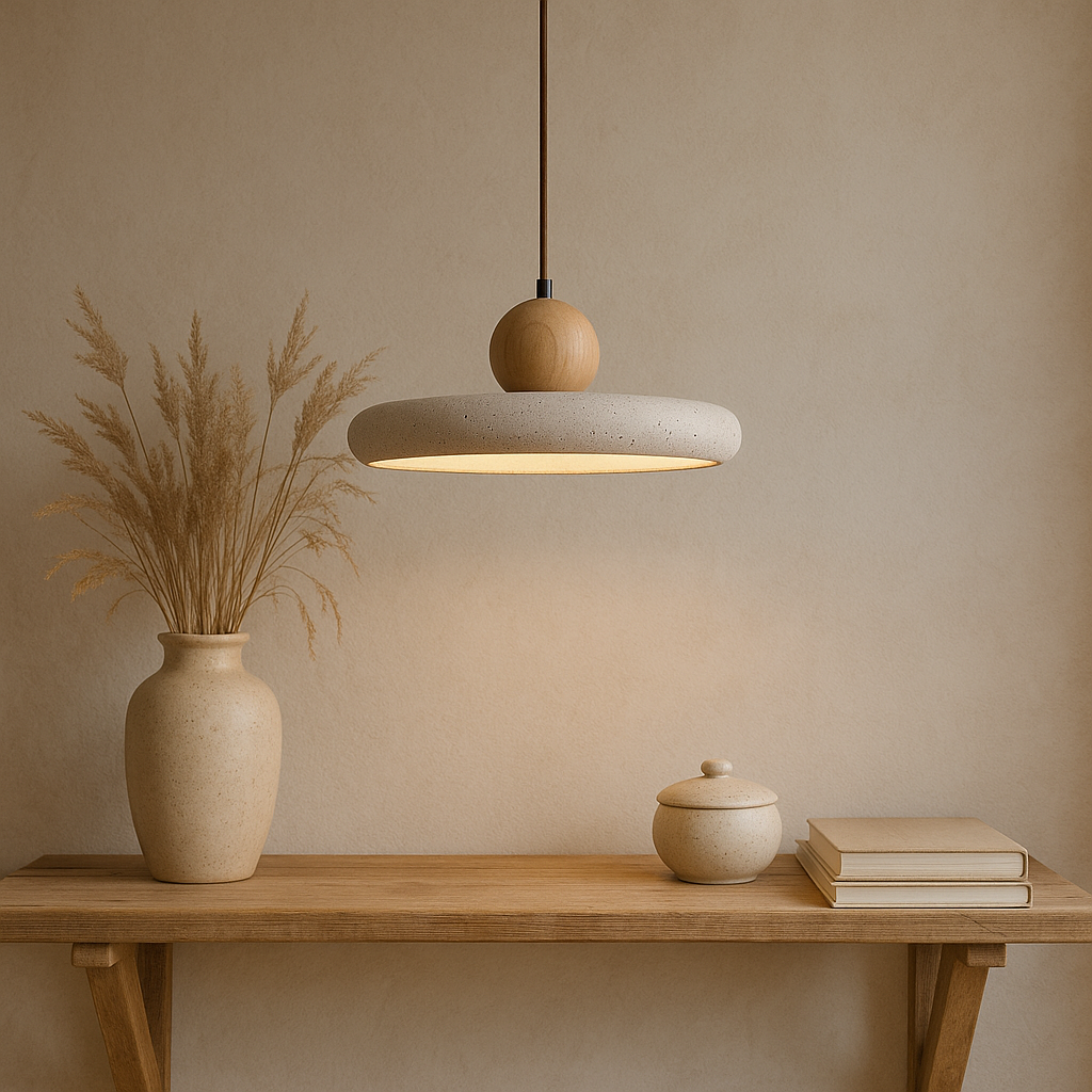 Rustic Travertine Pendant Light with Wooden Accent for Ambient Lighting