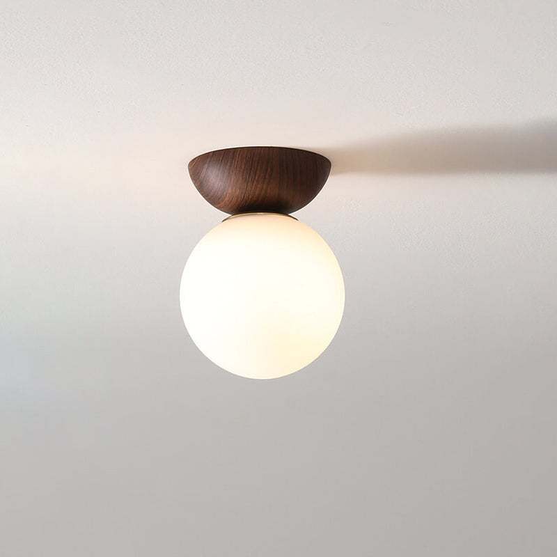 Single Globe Ceiling Light with Frosted Glass and Wooden Detail