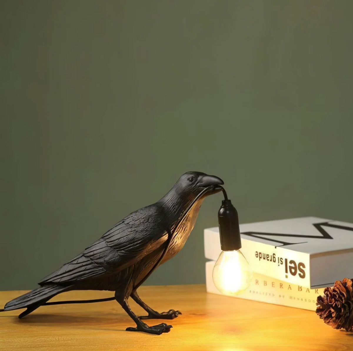 Raven Bird Table Lamp Decorative Desk Light With Hanging Bulb