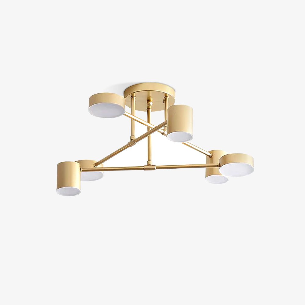 Six Light Sputnik Ceiling Fixture with Brass Finish and Cylindrical Shades