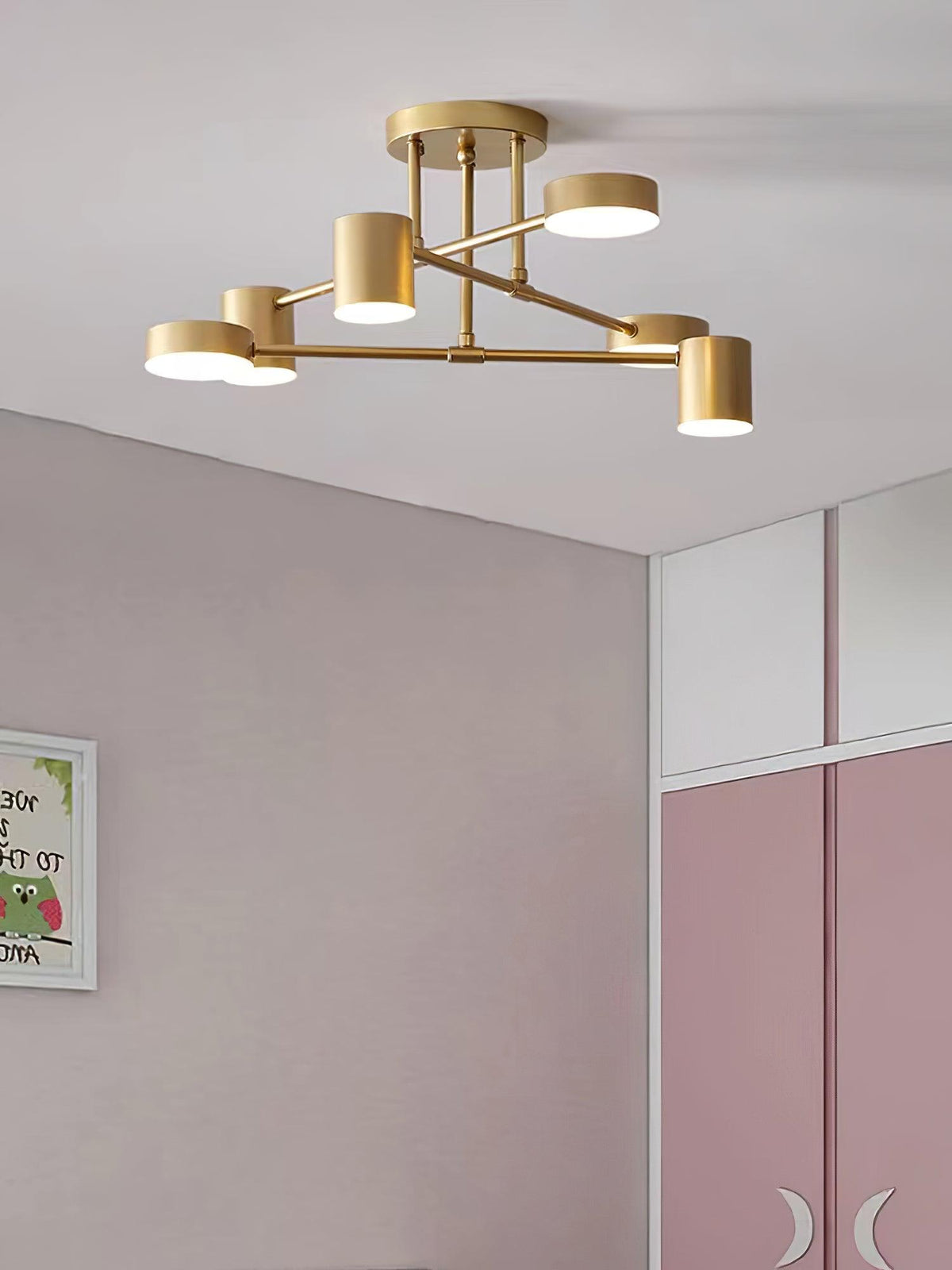 Six Light Sputnik Ceiling Fixture with Brass Finish and Cylindrical Shades