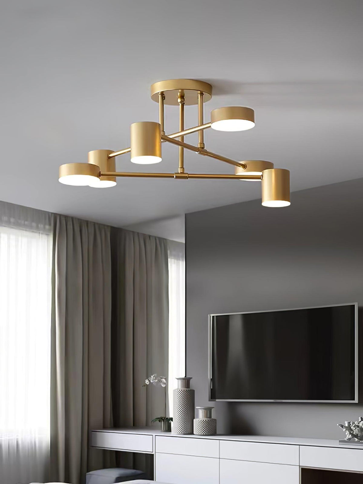 Six Light Sputnik Ceiling Fixture with Brass Finish and Cylindrical Shades