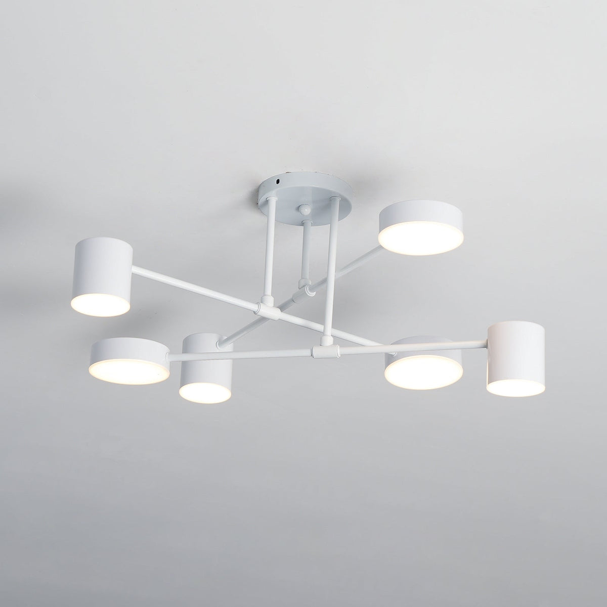 Six Light Sputnik Ceiling Fixture with Brass Finish and Cylindrical Shades