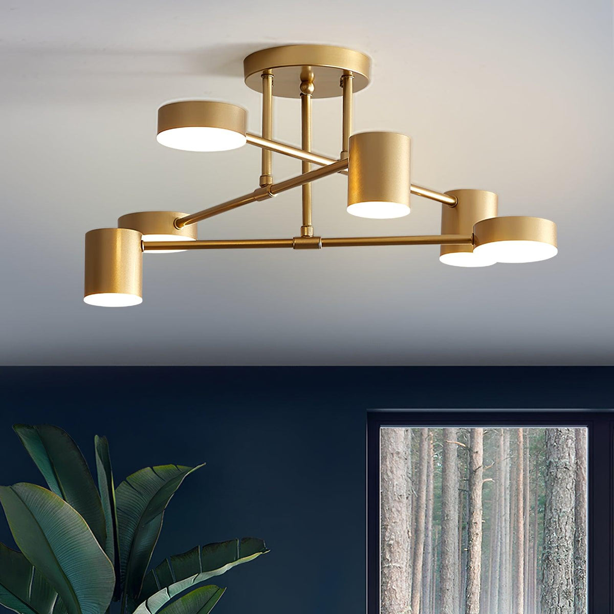 Six Light Sputnik Ceiling Fixture with Brass Finish and Cylindrical Shades