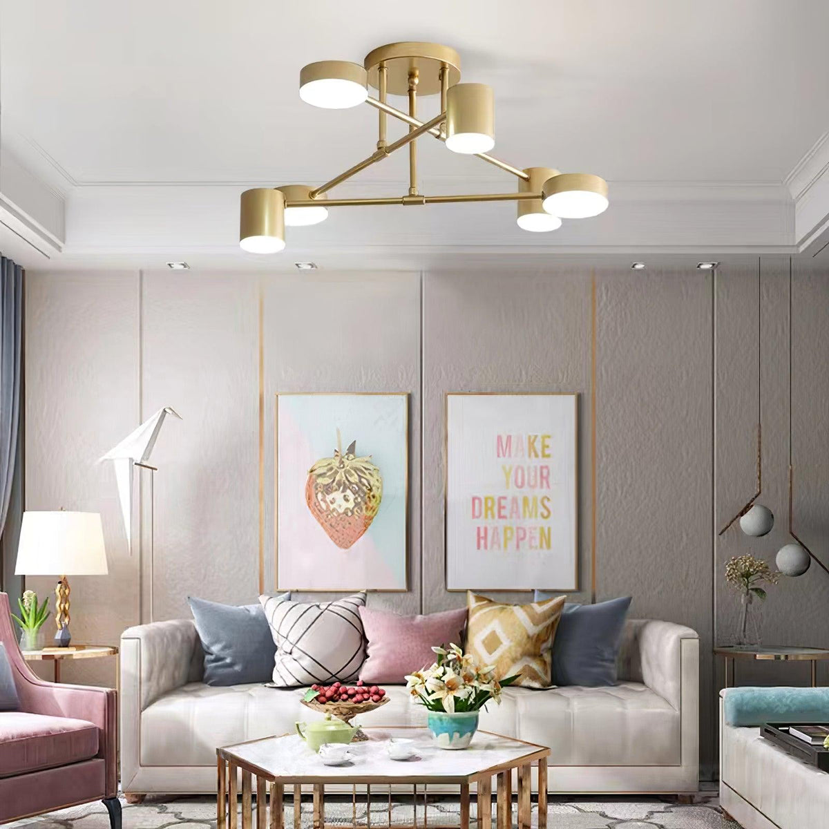 Six Light Sputnik Ceiling Fixture with Brass Finish and Cylindrical Shades