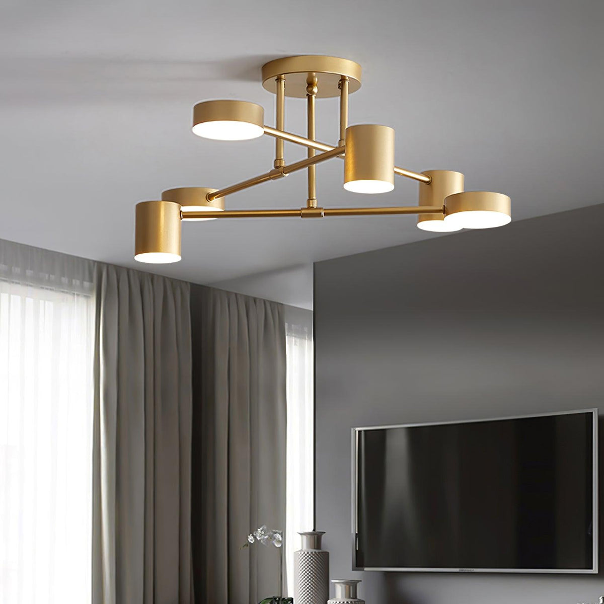 Six Light Sputnik Ceiling Fixture with Brass Finish and Cylindrical Shades