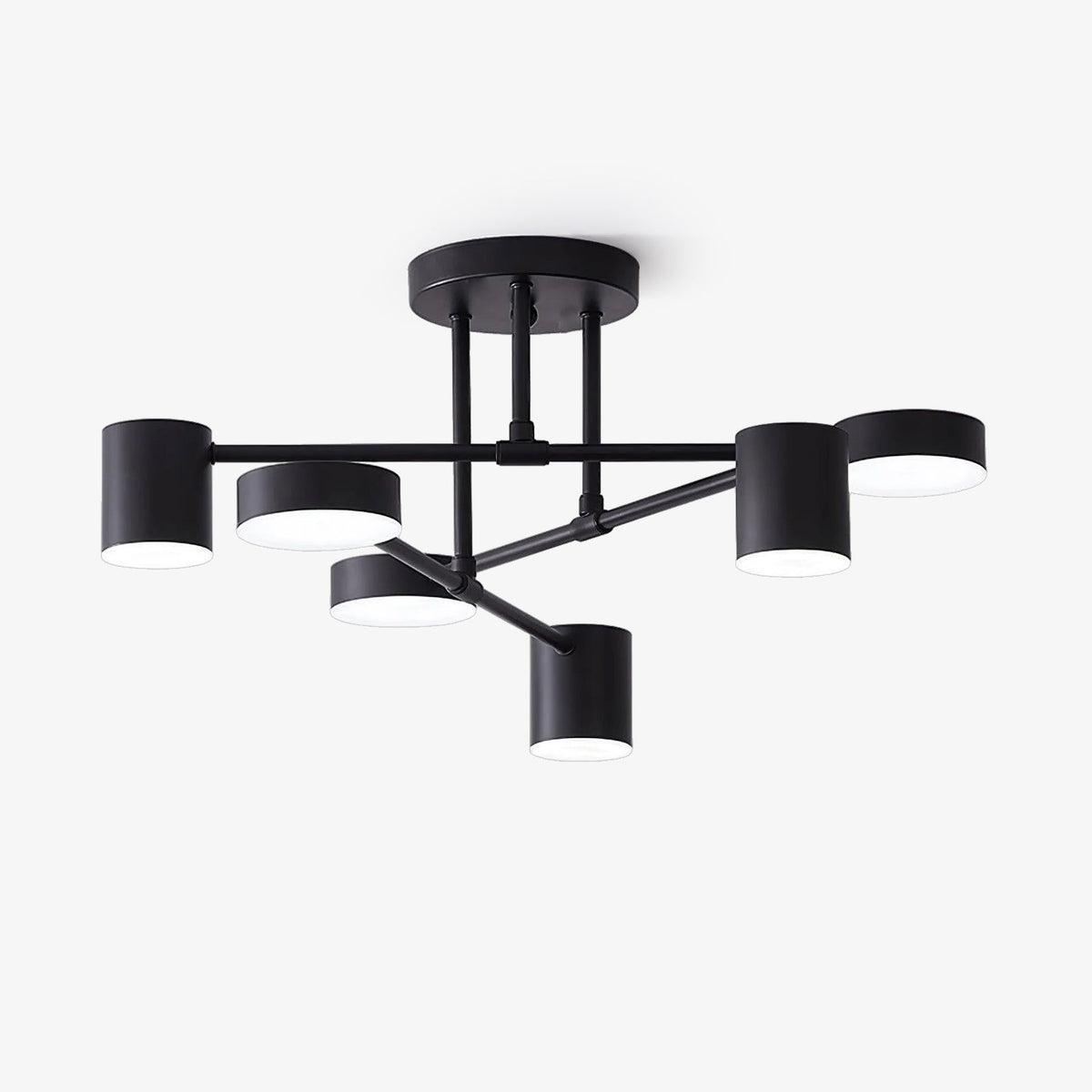 Six Light Sputnik Ceiling Fixture with Brass Finish and Cylindrical Shades