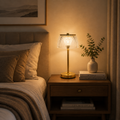 Rechargeable LED Glass Table Lamp with Ribbed Shade and Metal Base