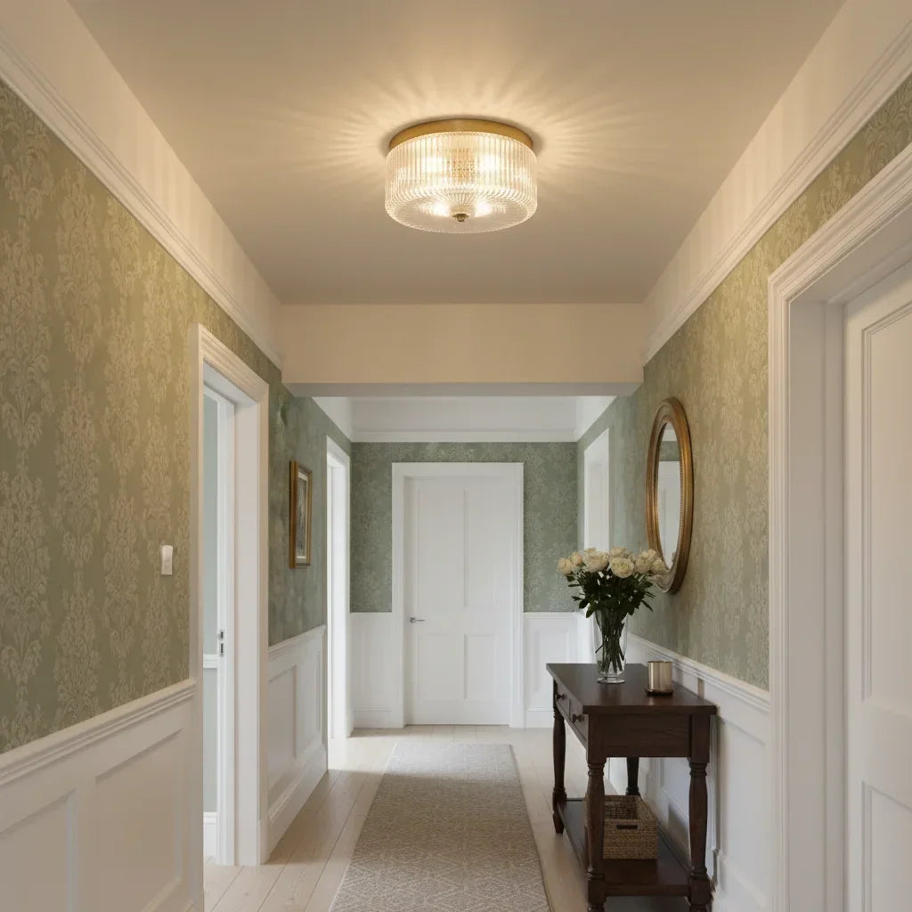 Round Ribbed Glass Ceiling Light with Gold Finish for Ambient Lighting