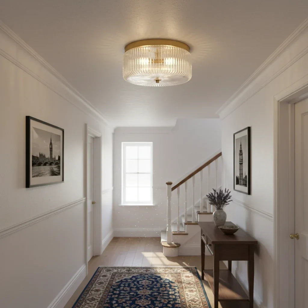 Round Ribbed Glass Ceiling Light with Gold Finish for Ambient Lighting