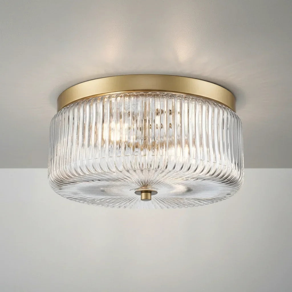 Round Ribbed Glass Ceiling Light with Gold Finish for Ambient Lighting