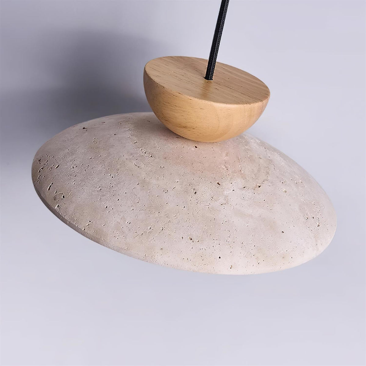 Travertine Dome Pendant Light With Wood Detail And Diffused Glass񎟃