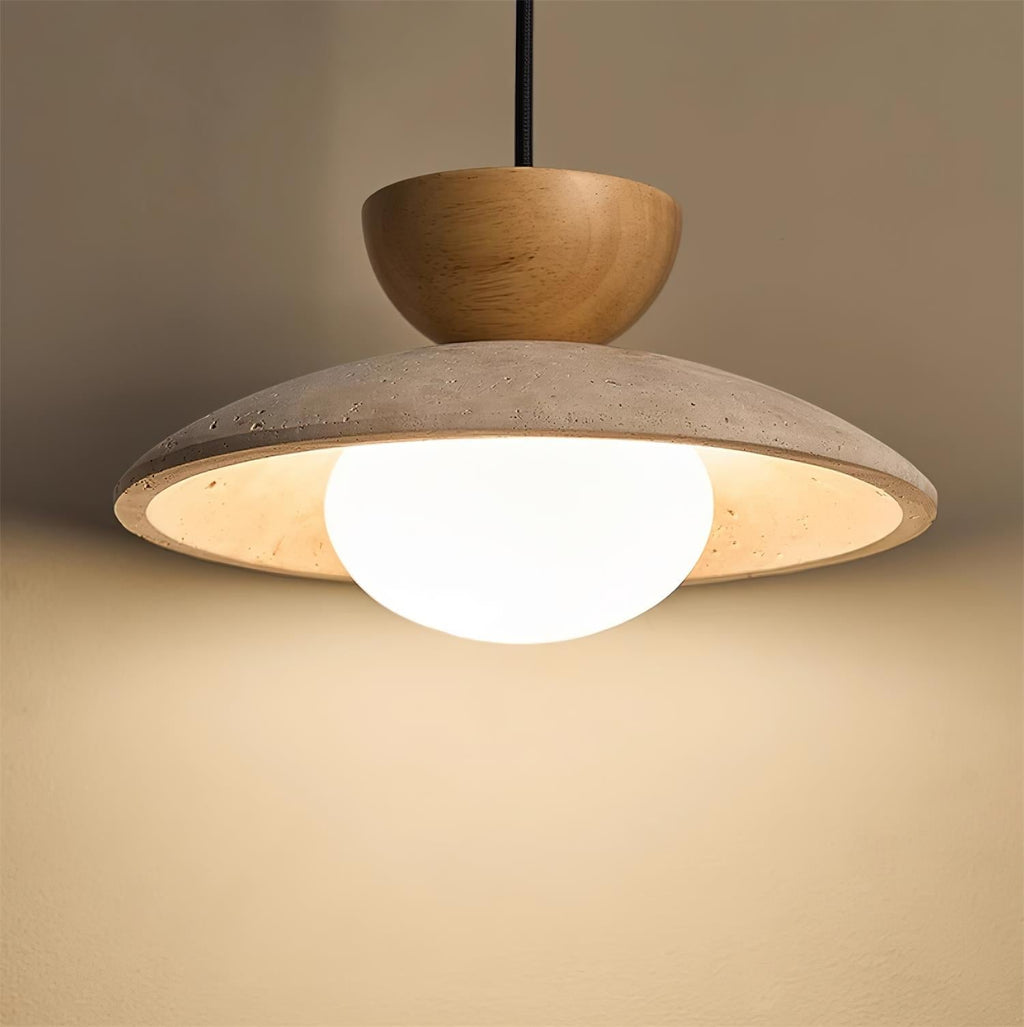 Travertine Dome Pendant Light With Wood Detail And Diffused Glass񎟃