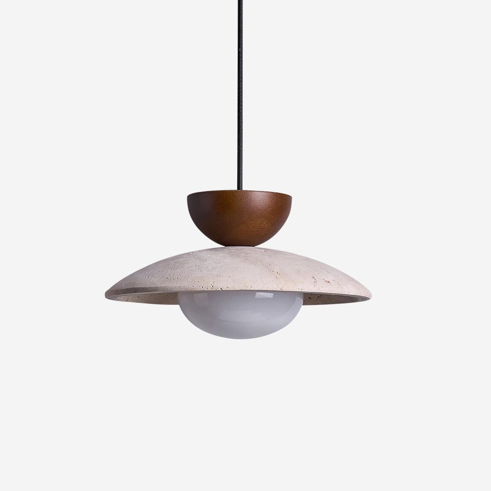 Travertine Dome Pendant Light With Wood Detail And Diffused Glass񎟃
