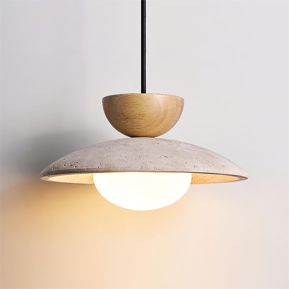 Travertine Dome Pendant Light With Wood Detail And Diffused Glass񎟃