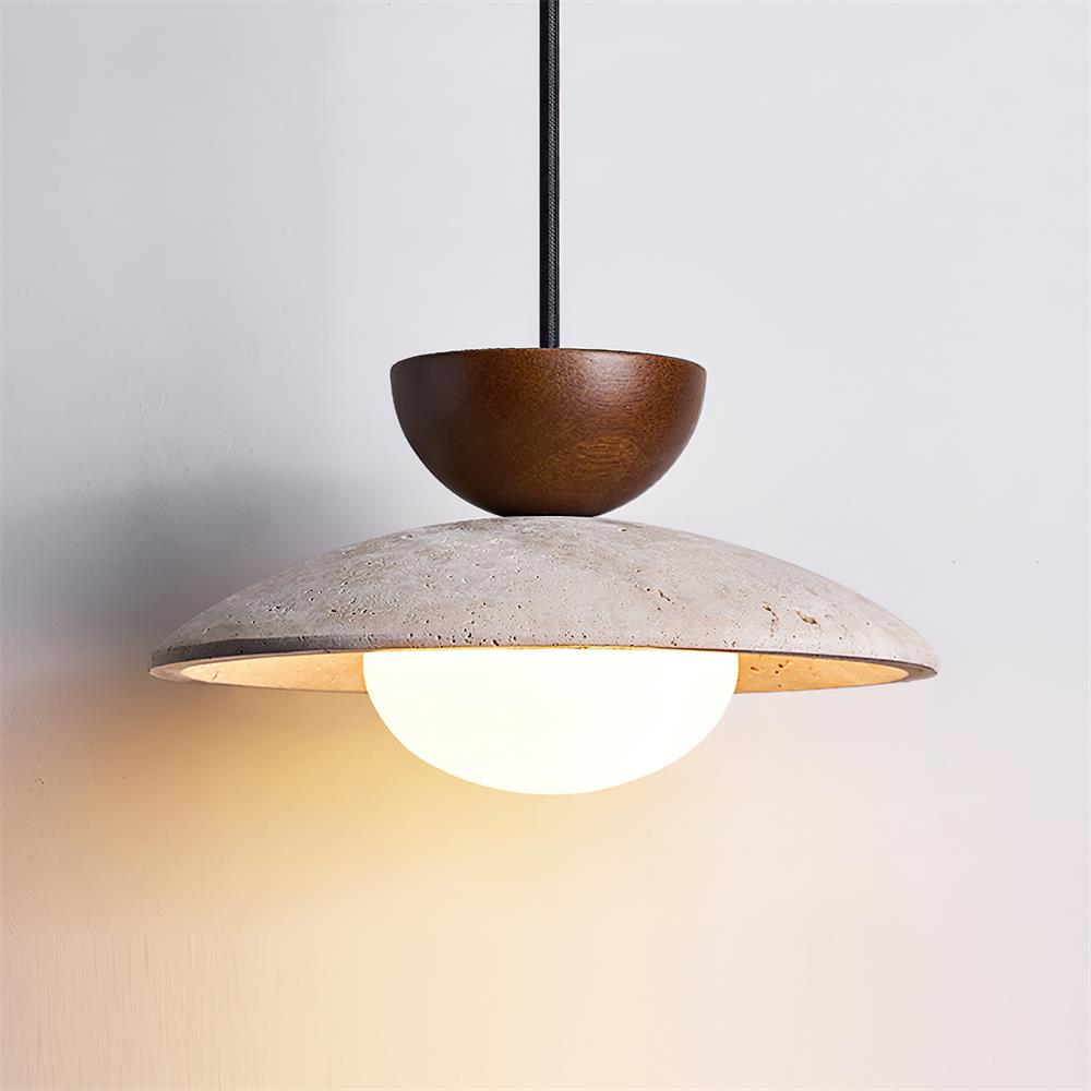 Travertine Dome Pendant Light With Wood Detail And Diffused Glass񎟃