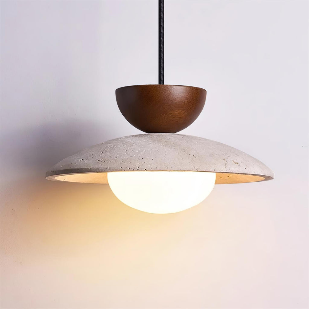 Travertine Dome Pendant Light With Wood Detail And Diffused Glass񎟃