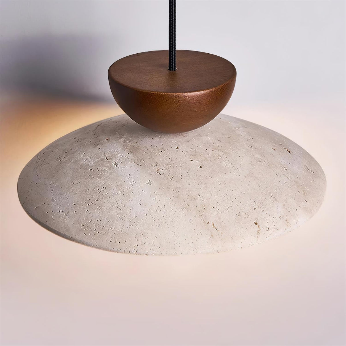 Travertine Dome Pendant Light With Wood Detail And Diffused Glass񎟃