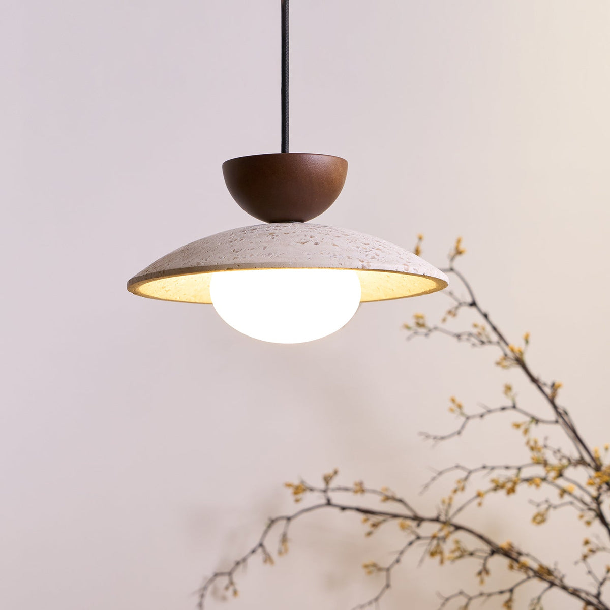 Travertine Dome Pendant Light With Wood Detail And Diffused Glass񎟃