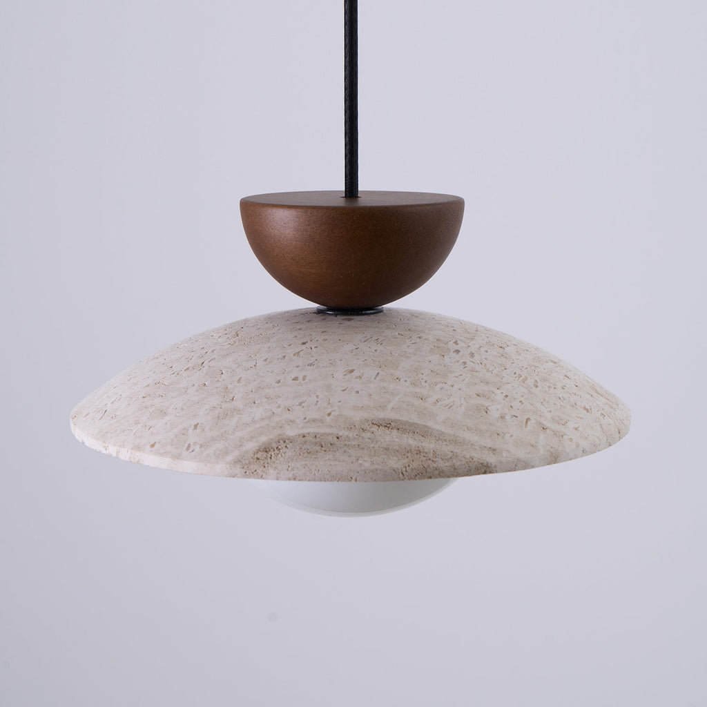Travertine Dome Pendant Light With Wood Detail And Diffused Glass񎟃