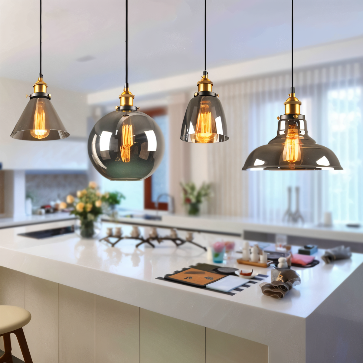 Tinted Glass Hanging Pendant Light With Brass Ceiling Fitting