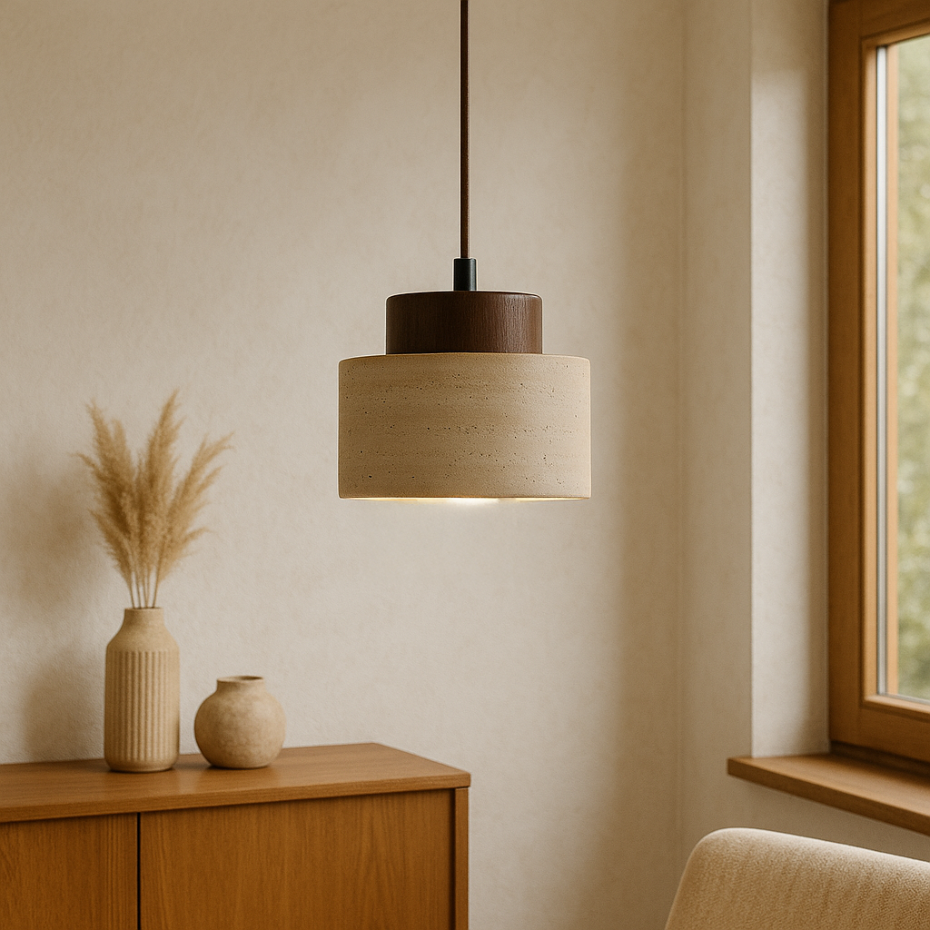 Travertine Stone Cylindrical Pendant Light With Wooden Detail