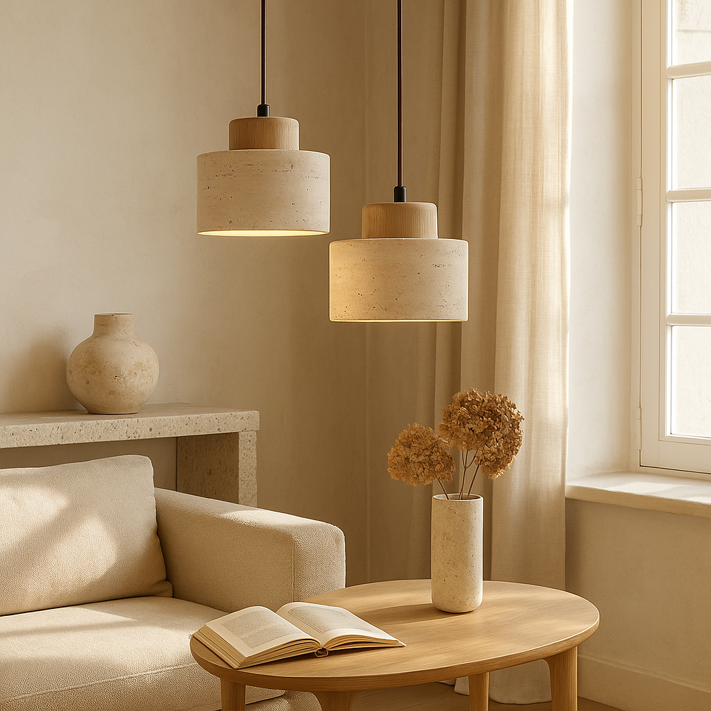 Travertine Stone Cylindrical Pendant Light With Wooden Detail