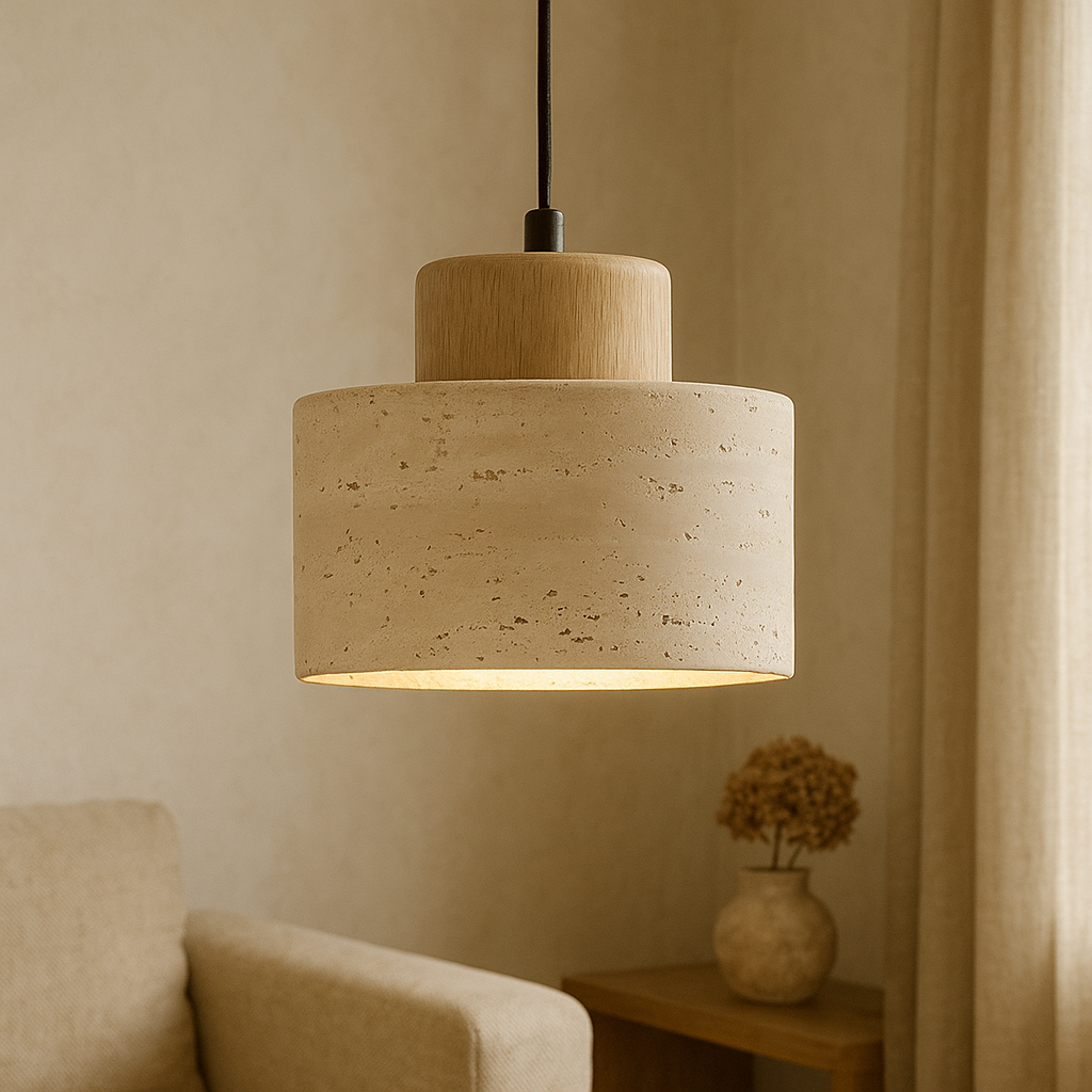 Travertine Stone Cylindrical Pendant Light With Wooden Detail