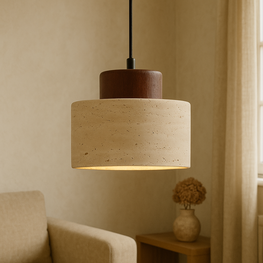 Travertine Stone Cylindrical Pendant Light With Wooden Detail