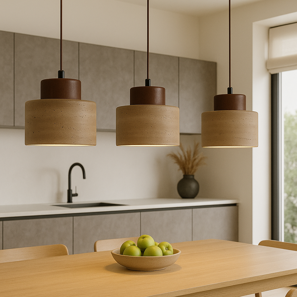 Travertine Stone Cylindrical Pendant Light With Wooden Detail