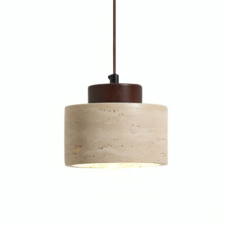 Travertine Stone Cylindrical Pendant Light With Wooden Detail