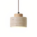 Travertine Stone Cylindrical Pendant Light With Wooden Detail