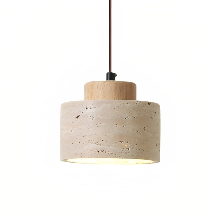 Travertine Stone Cylindrical Pendant Light With Wooden Detail