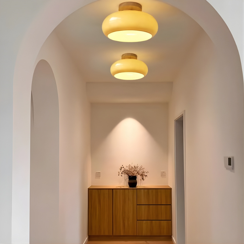 Wood And Glass Flush Mount Ceiling Light For Living Room and Dining Room