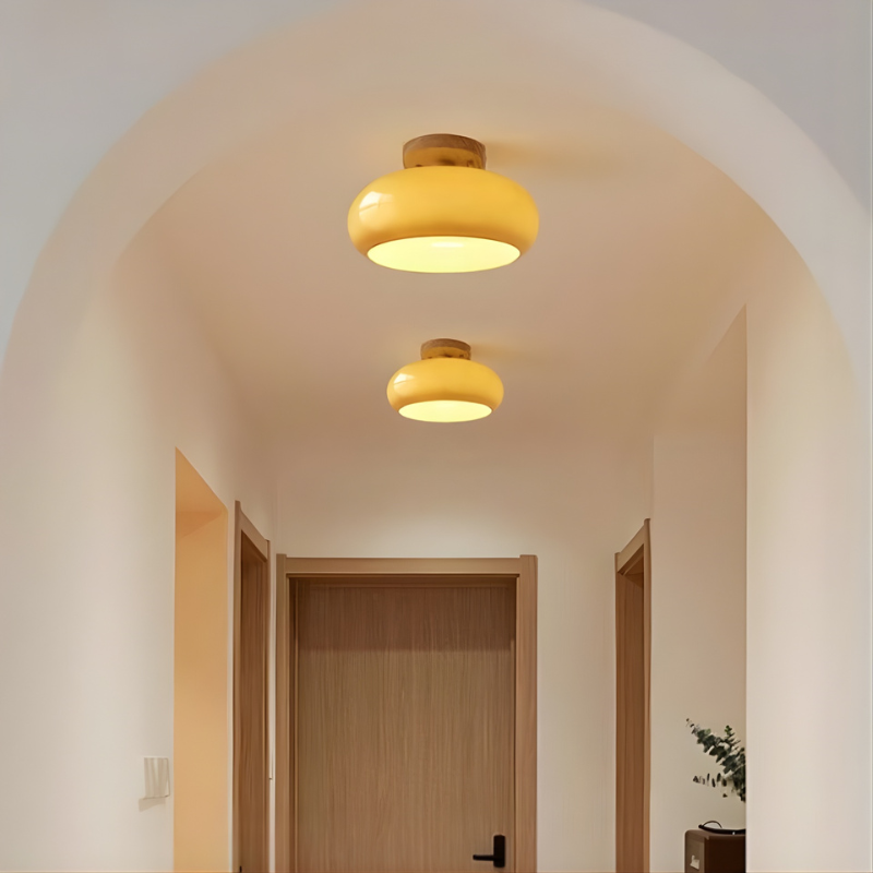 Wood And Glass Flush Mount Ceiling Light For Living Room and Dining Room