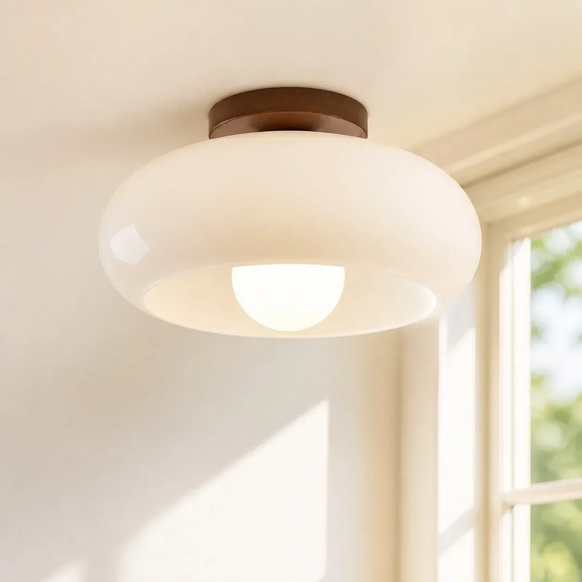 French Bauhaus Ceiling Light with Opal Glass Shade and Walnut Base