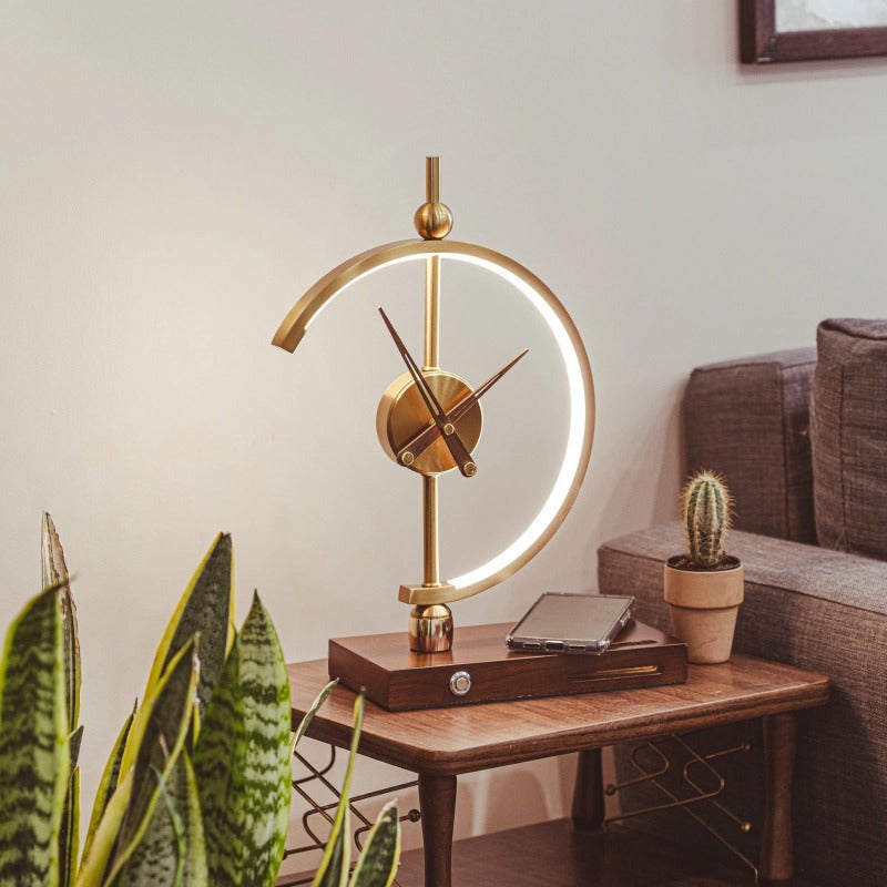 LED Table Lamp With Clock And Wooden Base For Ambient Lighting