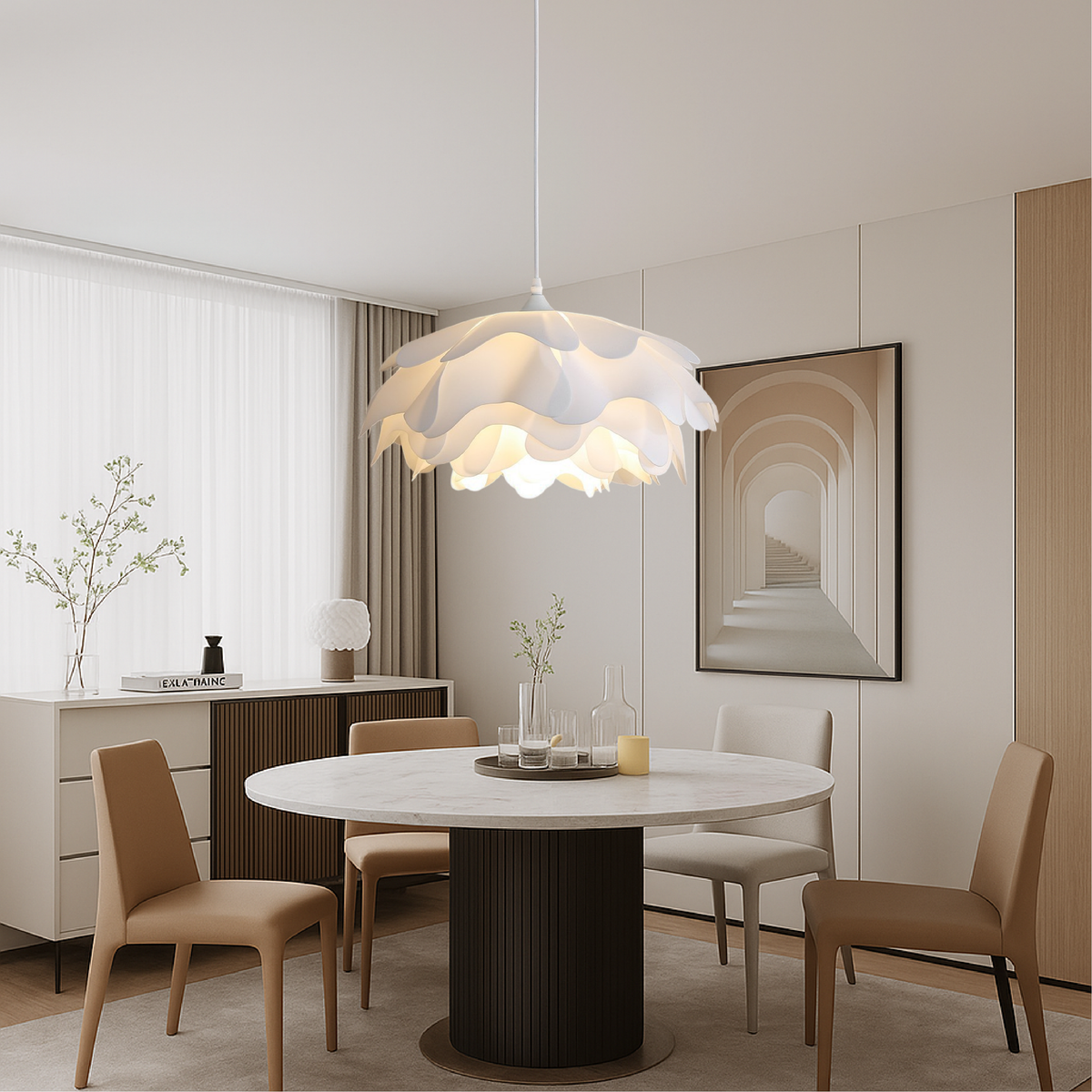 White Flower Ceramic Pendant Light Fixture for Dining and Living Rooms