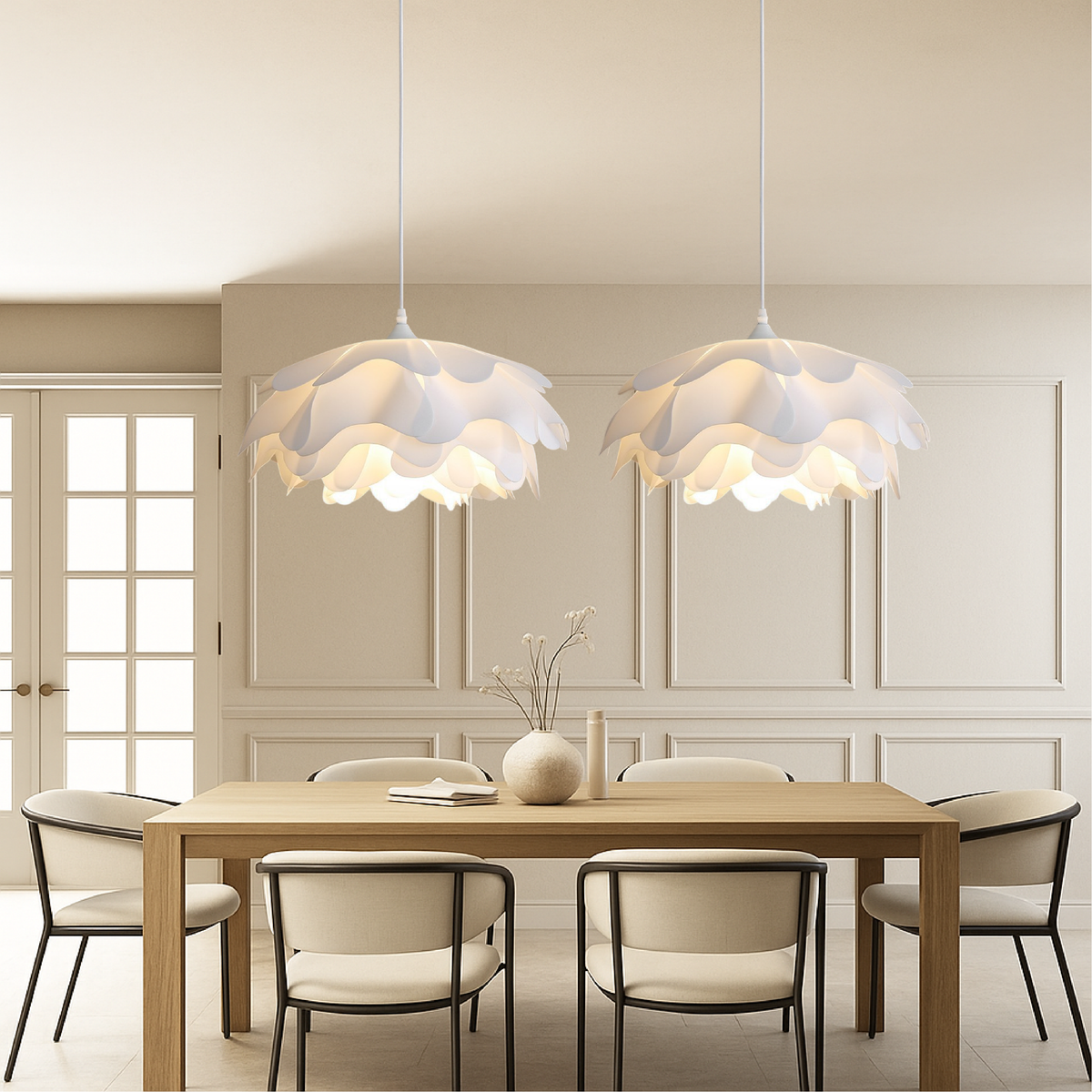 White Flower Ceramic Pendant Light Fixture for Dining and Living Rooms