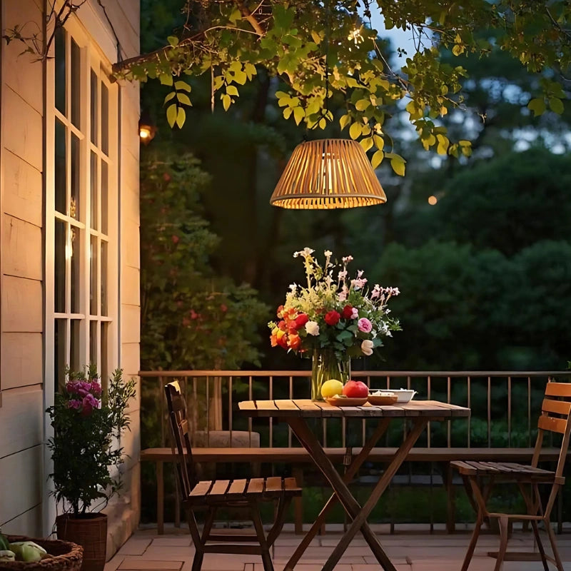 Solar Hanging Garden Lantern With Woven Shade, Warm White Outdoor Light
