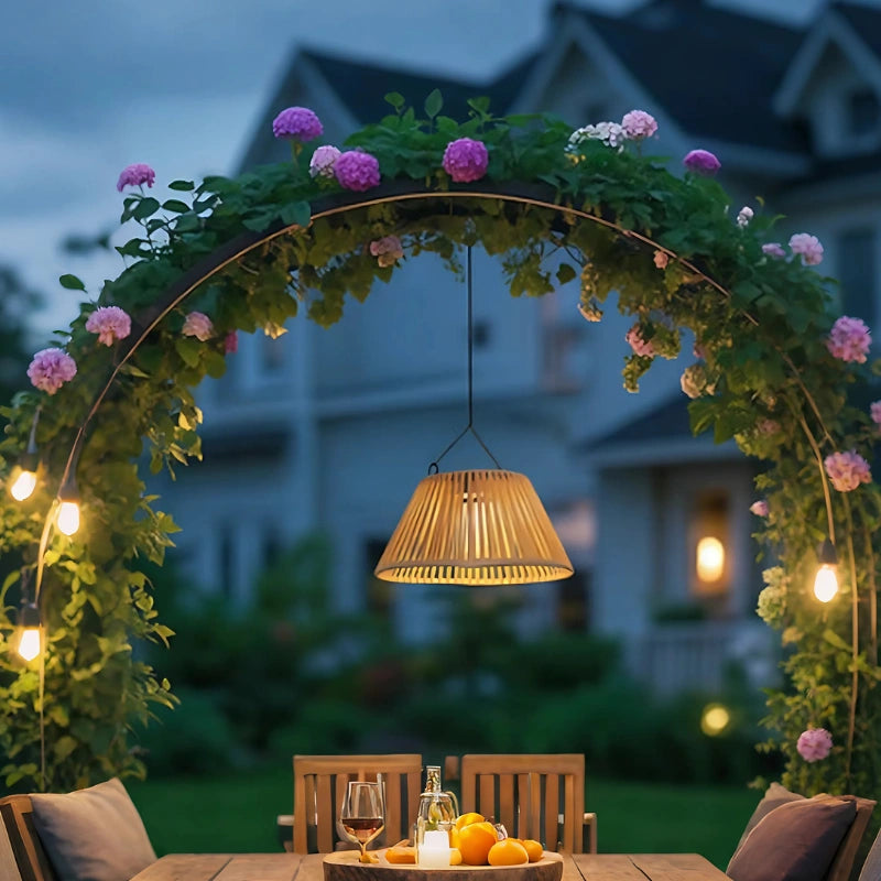 Solar Hanging Garden Lantern With Woven Shade, Warm White Outdoor Light