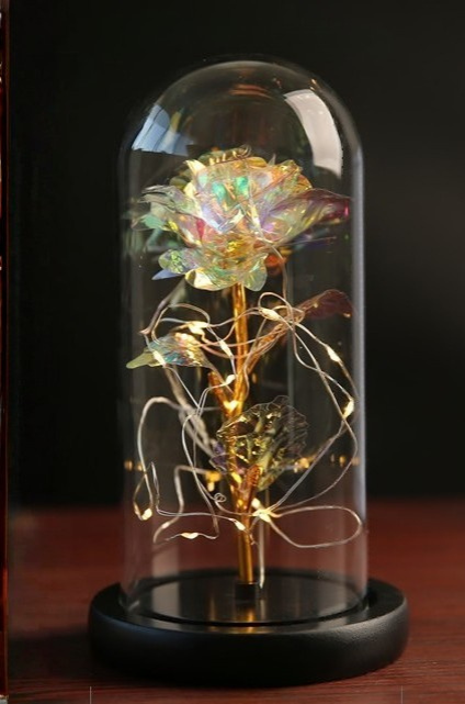 LED Rose Glass Dome Decorative Table Light With Wooden Base