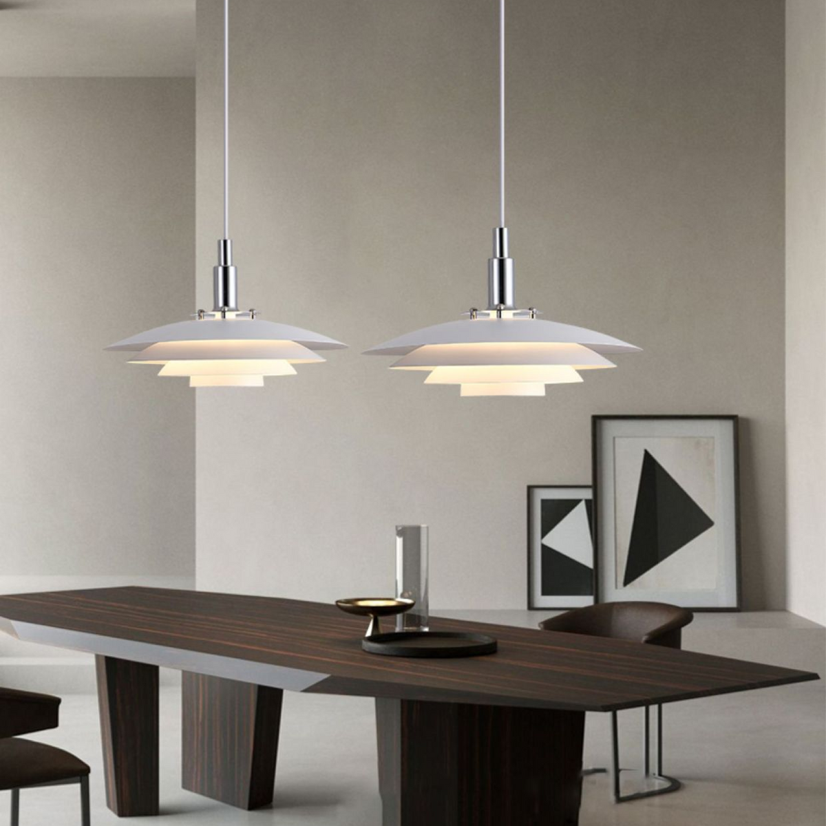 Layered Metal Pendant Light With Downward Directed Geometric Shade