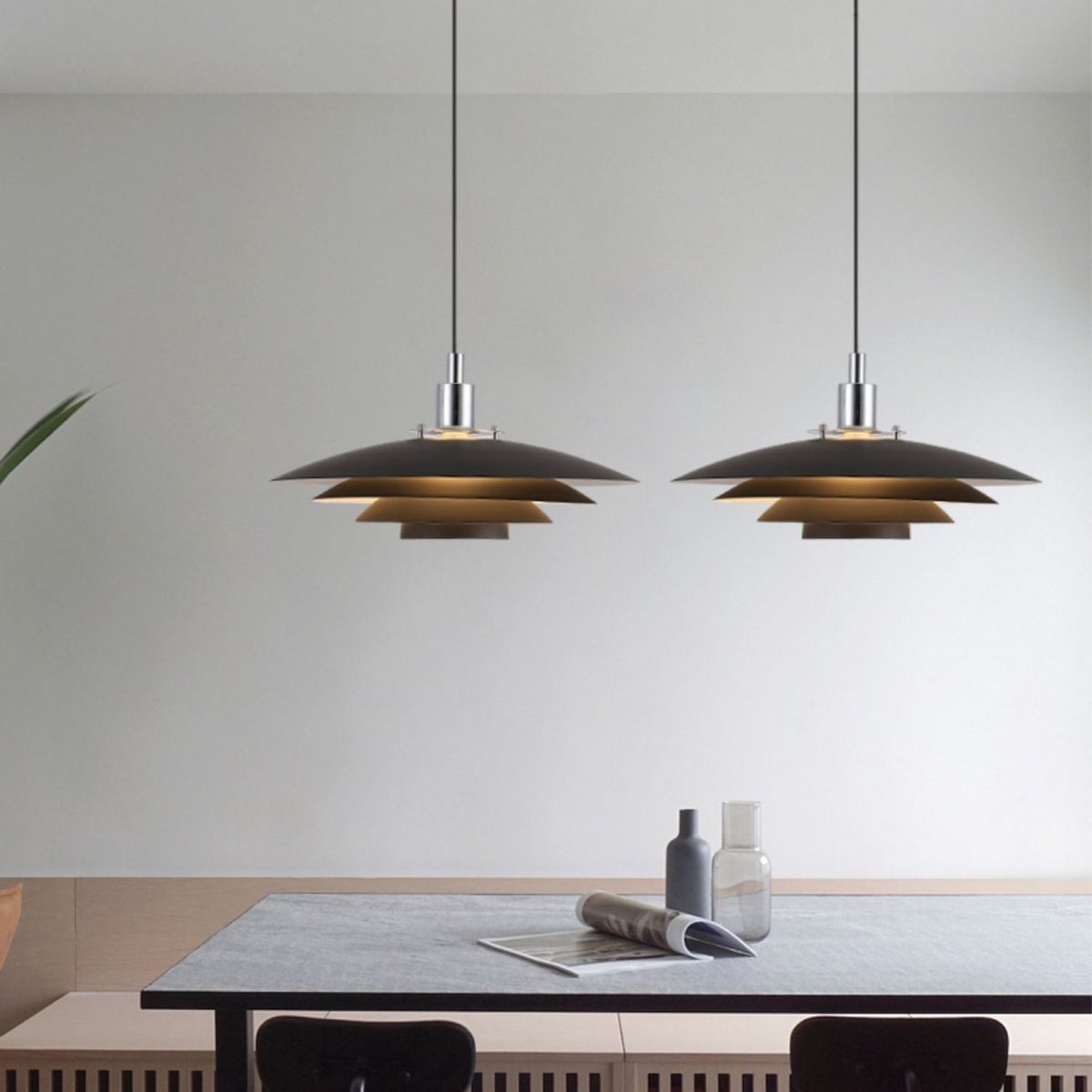 Layered Metal Pendant Light With Downward Directed Geometric Shade