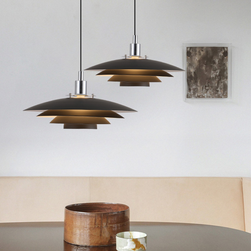 Layered Metal Pendant Light With Downward Directed Geometric Shade